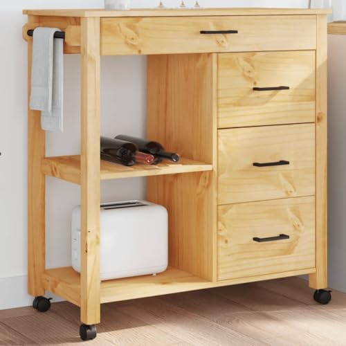 Generic Carrello per verdure con 4 cassetti, in legno massello di pino, stile vintage, ampio spazio di archiviazione, colore cera miele, facile da spostare, organizzazione (marrone)