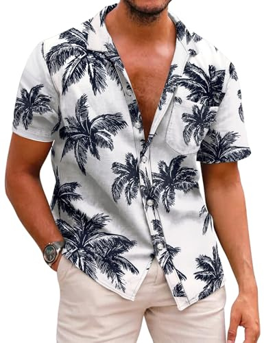 COOFANDY Camisa hawaiana de manga corta para hombre, camisa de verano, tiempo libre, flores, vacaciones, playa, camisa sin arrugas, corte regular, Coco blanco y azul marino, 3XL