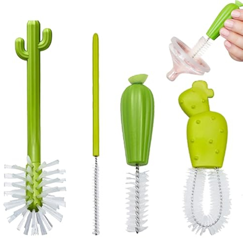 Juego de 4 cepillos de Limpieza de Botellas de Cactus Verde | Lindo Limpiador de Botellas para Botellas estrechas, decantadores de Vino, Vasos de Cerveza, Tubos, fregaderos, de Vasos, etc