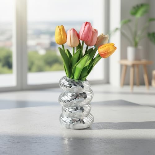 Vase Boule Disco, Vase Miroir argenté Scintillant de 6 Pouces, Pot de Fleur Unique, Porte-Crayon Table pour Les décorations Bureau à Domicile
