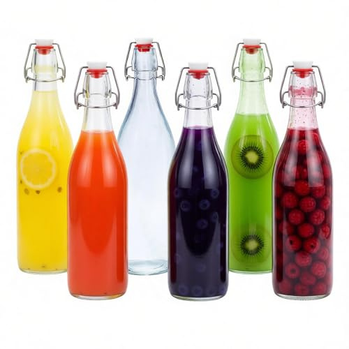 6pcs 1 L Glass Bottles with Swing Top 6pcs,Clear Clip Top Bottles for Beer Brewing, Airtight Preserve Bottles for Home Brewing Cider Soda, Flip Top Bottles with Caps for Wine, Beverages, Oil, Kombucha