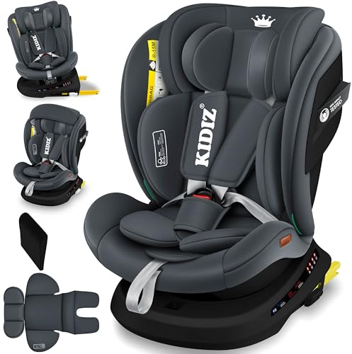 KIDIZ® Autokindersitz mit Isofix i-Size R129 100-150cm bis 12 Jahre, Kinderautositz Gruppe 0/1/2/3, mitwachsender Kindersitz, 5-Punkt-Gurt, höhenverstellbare Kopfstütze, Sitzerhöhung Auto, Anthrazit