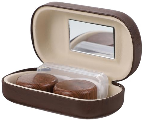 COLLBATH Contenedor de Lentes de Contacto Pinzas y Espejo, Estuche Portátil para Cuidado Ocular y Viaje, Diseño de Veta de Madera Marrón Oscuro