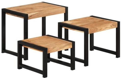 Qnhdfrt Satztische 3er Set Massivholz Vintage Beistelltisch Akazie & Gummibaum 60x41x48 cm platzsparend stapelbar Sofa Couch Wohnzimmer Flur Balkon