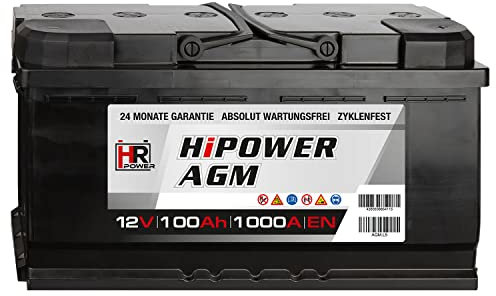 HR HiPower AGM Autobatterie 100Ah 12V 1000A/EN VRLA Start-Stop geeignet, Lange Lebensdauer dank geringer Selbstentladung