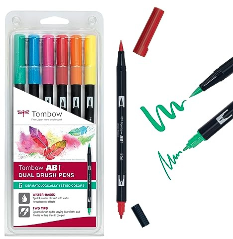 Tombow ABT-6P-3 fiberpenna dubbla borstar penna med två spetsar set om 6 dermatologiskt testad, 1 styck (6-pack)