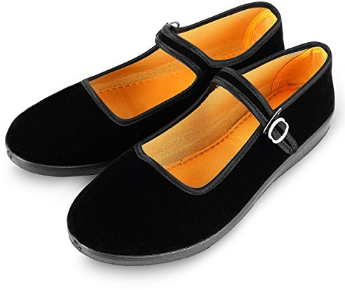 AioTio Zapatos Mary Jane de Terciopelo de Las Mujeres Algodón Negro Antigua Pekín Pisos de Tela Ejercicio Zapatos de Baile (Numeric_37)