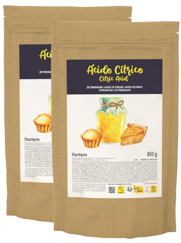 Nortembio Acido Citrico Alimentare in Polvere 2 x 850 g Qualità Gourmet Correttore di Acidità 100% Naturale – Ideale per Marmellate, Pasticceria, Bevande e Ricette Fatte in Casa – eBook Incluso
