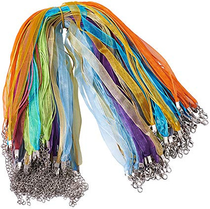 Craftdady 100 fili di nastro di organza cerato con 2 anelli, in similpelle, per collane, catenine per la creazione di collane, 43,2 cm, colori misti