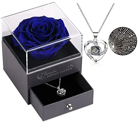 Eaprala Geschenke für sie konservierte echte Rose Schublade Ewige handgemachte konservierte Rose mit Halskette 100 Sprachen Geschenk, verzauberte echte Rose Blume zum Valentinstag Muttertag (Blau)