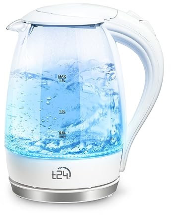 T24 Bollitore a LED in vetro da 1,7 litri, con illuminazione a LED, protezione contro il funzionamento a secco, privo di Bisfenolo A (BPA), 2200 W, certificato TÜV Rheinland GS, colore: bianco