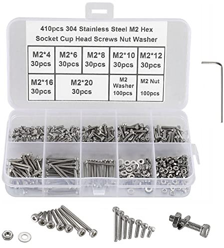 FandWay 410 Stück M2 Schrauben Set, Zylinderschrauben mit Innensechskant Sechskopf-Knopf Gewindeschrauben Edelstahl 304 Sechskantschrauben Maschinenschrauben Muttern und Unterlegscheiben Sortiment.