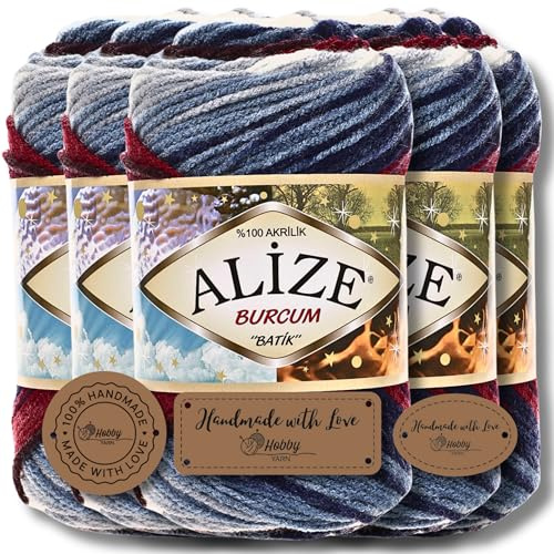 Hobby YARN 3x Etikettenlabel mit Alize Burcum Batik Wolle Premium 5x100g als Set, Yarn, Garn, Strickgarn, Farbverlauf, Babywolle zum Häkeln, Stricken, Kleidung, Schals (2978)