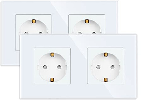 JIMEIDA 2 Pack Doppelsteckdose in Weiß, 16Amp Glas Schuko Steckdosen Unterputz Schutzkontakt Wandsteckdose- 157 * 86mm, 250V, 2 Fach