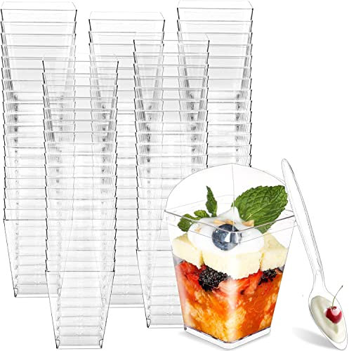 ASelected 100 Pcs Coupes à Dessert avec Couvercle 150-160 ML, Tasses à Dessert en Plastique avec 100 Couvercle et 100 Cuillères, Verrines pour Dessert, Apéritifs, Tiramisus