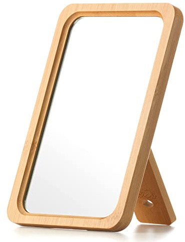 Jasefa Natürlicher Bambus-Schreibtisch-Tischspiegel, zusammenklappbarer Make-up-Spiegel mit Handheld/Ständer, tragbarer Kleiner Schreibtisch-Kosmetikspiegel, gut für Reisen, Büro, 16.5 cm Bx23.1 cm L