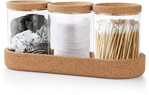 Anhow 3er Glas Wattestäbchen Behälter, Kork Wattepads Aufbewahrung Kosmetik Organizer mit Basishalter für Wattebausch/ Wattestäbchen/ Runde Wattepads/ Zahnseide/ Make-Up-Schwämme - Transparent