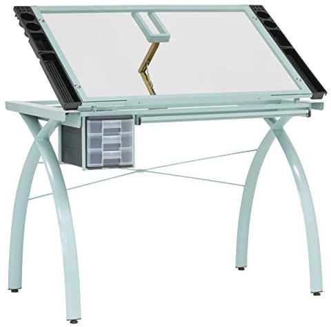 SD Studio Designs Futura Craft & Drawing Table with Adjustable Tempered Safety Glass Top – Modern Art Desk with Storage Drawers, Pencil Ledge, Glossy Sage/Clear Glass