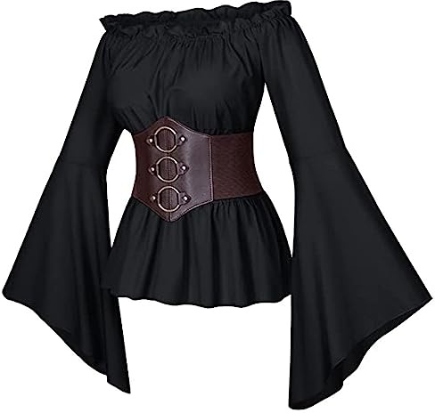 KBOPLEMQ Blusa renacentista para mujer, camisa pirata, bajo el pecho, corsé medieval, tops con sujetador para Halloween, piratas, disfraces, cosplay victoriano, gótico, retro, acampanado, manga