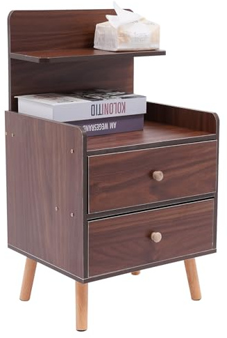 ACROSSPART Table de chevet universelle aspect noyer - Table de chevet universelle avec 2 tiroirs et étagères - Commode de chevet rectangulaire en bois pour chambre à coucher et salon - 40 x 34 x 70 cm