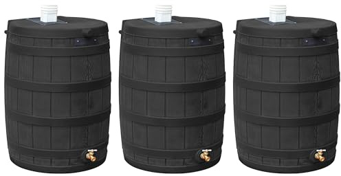 Good Ideas Rain Wizard 50 Gallon Plastic Outdoor Home Rain Barrel Water Storage Collector with Brass Spigot and Flat Back Design, Black (3 Pack)