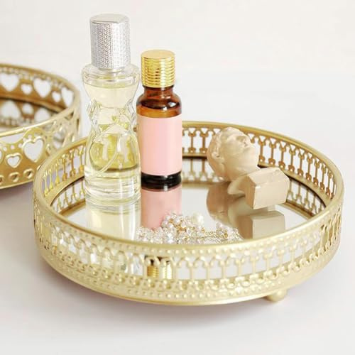Round Gold Mirror Vanity Tray, 17.5cm Iron Frame Jewelry Organiser Tray | Light Luxury Mirror Display Tray, Dresser Tray Gold Iron Frame Candle Perfume Holder for Bathroom Bedroom Decor