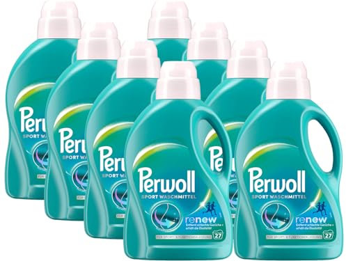 PERWOLL Detergente deportivo 216 (8 x 27 WL), detergente higiénico, limpia suavemente, elimina los malos olores y mantiene la elasticidad, para ropa deportiva y funcional, con tecnología Triple Renov