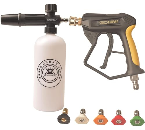 GDHXW Kurze Hochdruckreiniger-Pistole mit Schnellanschluss, 5000 PSI, leichte Schaumkanone, dicker Schaumstrahler, 5 Düsenspitzen, für Hochdruckreiniger