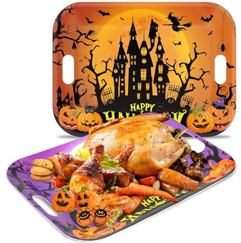 gisgfim 2Pcs Halloween Serving Trays 16.1 X 11.1 Inch Large Melamine Platters with Handles, Orange Purple Castle Pumpkin Bat Food Trays Halloween Movie Night Snack Trays Birthday Party Serving Dishes
