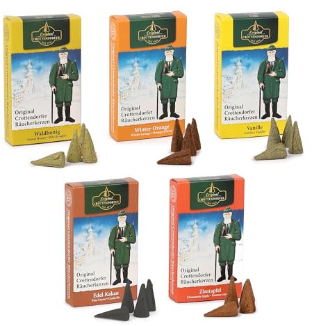 Crottendorfer Räucherkerzen Set für Süßliebhaber - 5er Set mit fruchtigen Düften - 5x24 natürliche Räucherkegel - Kakao, Vanille, Zimtapfel, Waldhonig & Winter-Orange - Handwerk aus Deutschland