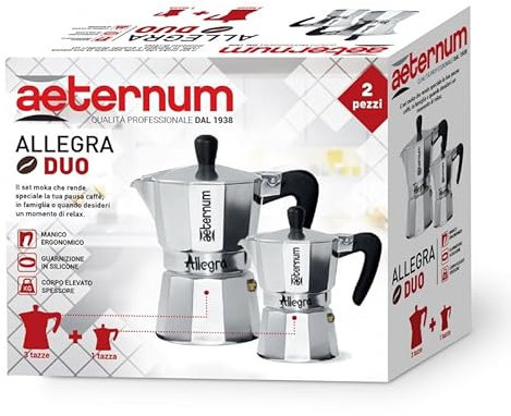 Aeternum Allegra Duo, Set di 2 Caffettiere in Alluminio, 1 Tazza e 3 Tazze
