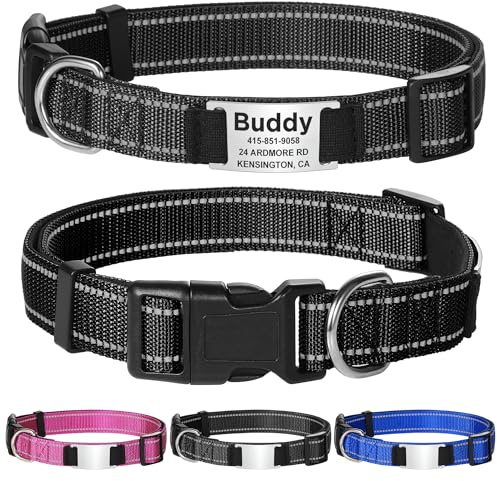 GISUREY Nylon Hundehalsband Personalisiert mit Namen - Reflektierendes Hundehalsband mit Hundemarke Gravur, Verstellbares Weiches Gepolsterte Halsband Hund für Kleine/Mittel/Große Hunde (M, Schwarz)