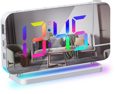 Sonew Projektionswecker, LED Digitaluhr mit 7 RGB 6 Stufen Helligkeitsdimmer und Snooze-Funktion, 12/24 Stunden, 11 Farben, 180 Grad Projektion an Deckenwand (Weiß)