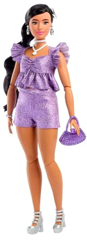 Barbie Deluxe Style Doll #8 in Metallic Purple Top and Sparkly Shorts, Black Hair in Braid, Accessories like Pearly Jewelry and Handbag, JFP43