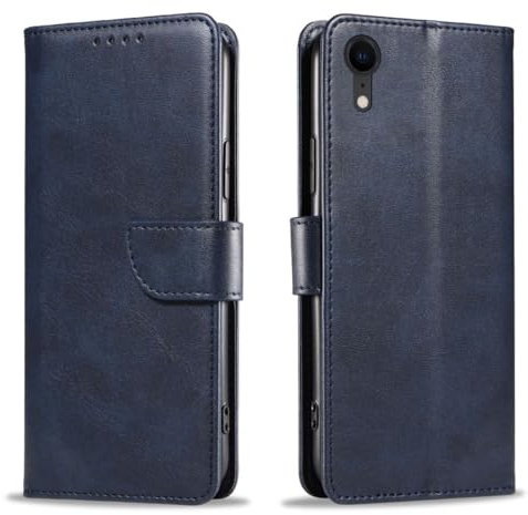 Meliya Coque pour iPhone XR, Housse Premium en Cuir PU, Étui à Rabat avec Boucle, Coque de Portefeuille, Fermeture Magnétique, Étui avec Support pour iPhone XR (Bleu Marine)