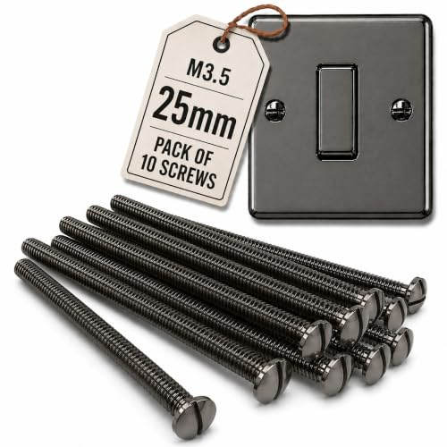 M3.5 x 25mm Black Nickel Electrical Machine Screws - Pack of 10 | Suitable for Light Switch & Plug Socket Faceplates - Slotted Head