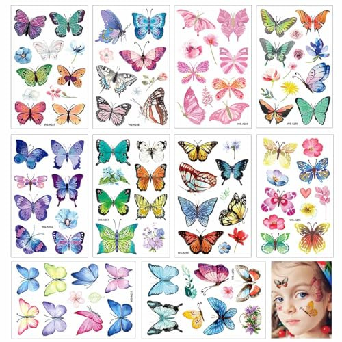 GiantGo 10 Blatt Schmetterling Glitzer Tattoos, Temporäre Gesichtstattoos für Kinder & Mädchen, Wasserdichte Fake Tattoos für Haut, Körper, Arm, Festival, Karneval, Party, Halloween