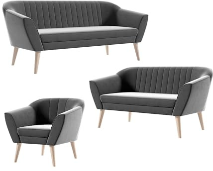 Sofello Skandinavische Couchgarnitur Kaya 3+2+1 für das Wohnzimmer Veloursstoff (Riviera 91 - grau)