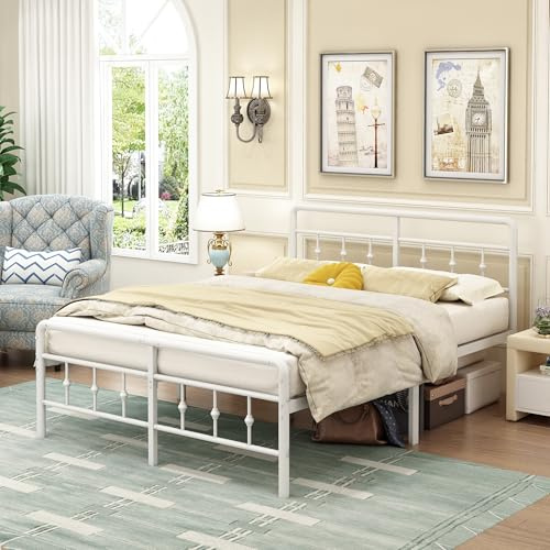 EMODA Bettgestell 120 x 200 cm, Metallbett Doppelbett mit Kopfteil und Fußteil im viktorianischen Stil, 36 cm hoch mit Stahl-Lattenrost, Geräuschfrei, Einfache Montage, Weiß