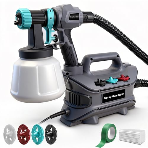 BLUEMARS Electric Paint Sprayer 800W – Fence & Decking Spray Gun with 1200ml Container, 4 Nozzles, 2m Hose – For Garden Furniture, Sheds, Walls & Ceiling – Inclu. 6 Pack Dust Sheet & 40m Masking Tape