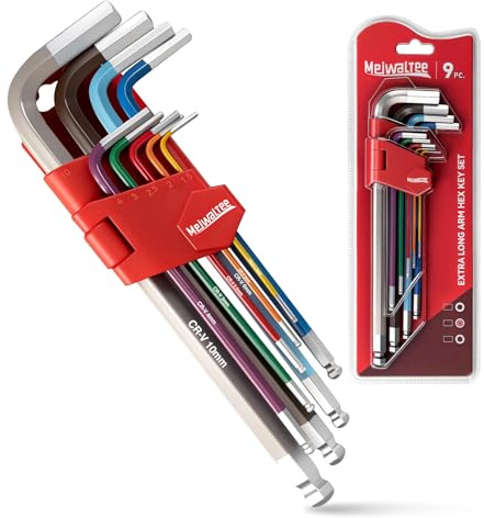Meiwaltee 9 Piezas Profesional Brazo Extralargo Juego de Llaves Hexagonales, Métricas Llaves Hex con Extremo en Forma de Bola 1,5 a 10 MM Para Autos y Bicicletas Bricolaje-Acero Cr-V.