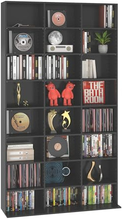Songvas Meuble de Rangement pour CD et DVD, 24 Compartiments, Peut Contenir Jusqu'à 300 CD - Vitrine de Collection - Meuble CD Etagere DVD - 102x23.5x180cm, convient pour Salon ou Bureau, Noir