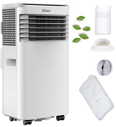 Zilan Mobile Klimaanlage 9000 BTU 3-in-1 Mobiles Klimagerät mit Abluftschlauch & Fensterkit – Kühlen, Entfeuchten & Ventilator, für Räume bis 50 m², 24h Timer, Schlafmodus, LED Display, Fernbedienung