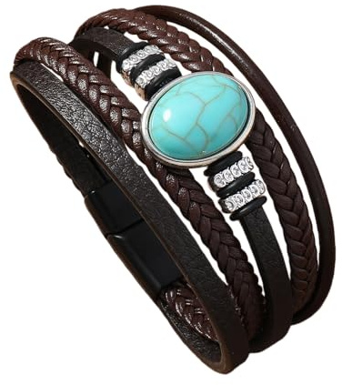 HUIANGLIYG Bracciale Vintage Turchese A Più Fili in Pelle da Uomo, Bracciale Avvolgente intrecciato Fatto A Mano con Chiusura Magnetica, Gioiello Bohémien Cowboy Western, Regalo Premuroso per Pap
