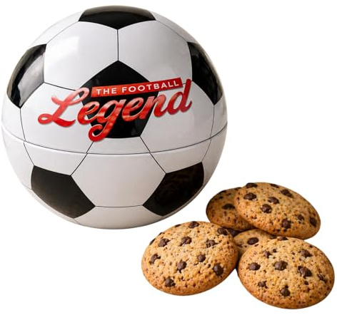 The Football Legend Shortbread Tin 180g - Chocolate Chip Shortbread Biscuits in Football-Shaped Tin - Fatherss Day Gift for Dad, Novelty Biscuit Gift for Football Fans