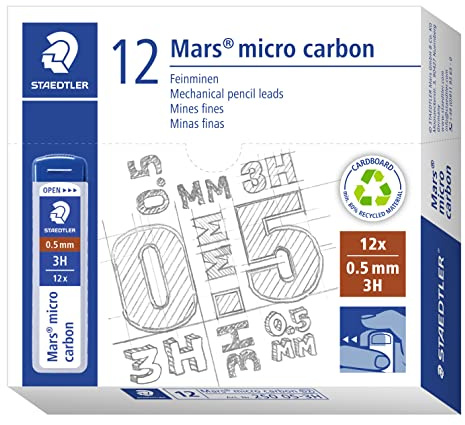 STAEDTLER 250 05-3H Mars Micro Feinminen, Minendurchmesser 0.5 mm, 3H, 12 Stück, graphitgrau