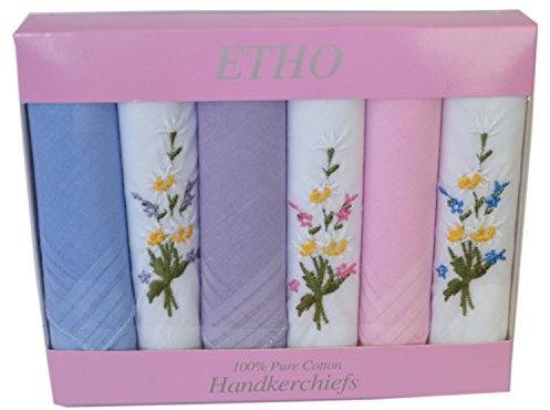 6er Pack bestickte Damen Taschentücher, 100% Baumwolle, gefärbt und bestickt in einem Kasten