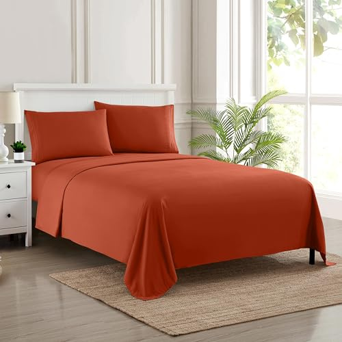 Sweet Home Collection Luxury Bedding Set with Flat, Fitted Sheet, 2 Pillow Cases, Microfiber, Rust, California King
