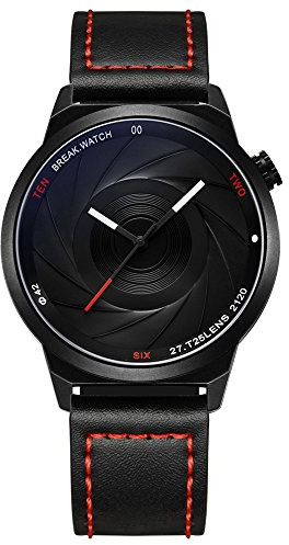break Montre de Sport pour Homme - Étanche - Analogique - Série de photographes créatifs - Cuir Noir - Bracelet en Fil Rouge, Sangle