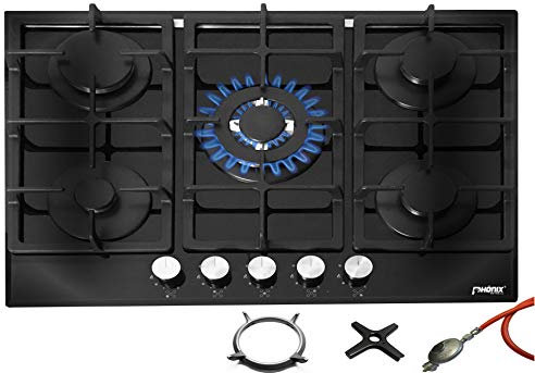 Phönix PG-901T Built-in Gas Hob Glass Gas Cooker 5 Hobs Self-Standing (Free-Standing / Built-In Gas Hob) Including Gas Hose Regulator Set for Propane Gas Bottles